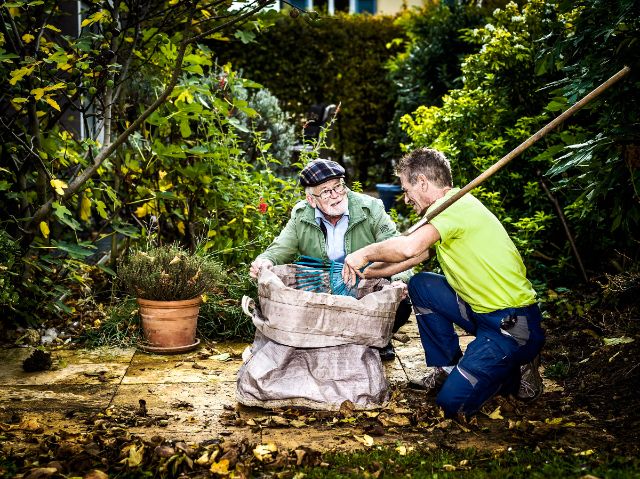 Ein älterer Mann wird bei seinen Gartenarbeiten von einem Gärtner unterstützt.